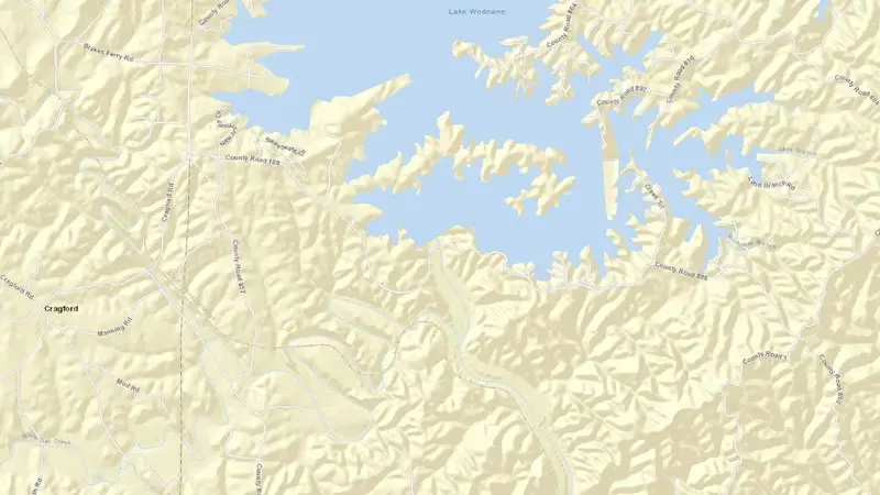 Road map of R.L. Harris Dam reservoir, Alabama, United States