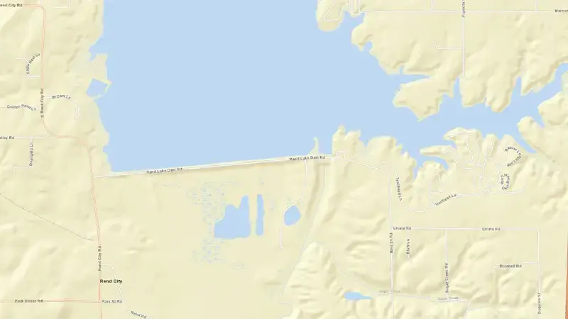 Road map of Rend Pool reservoir, Illinois, United States