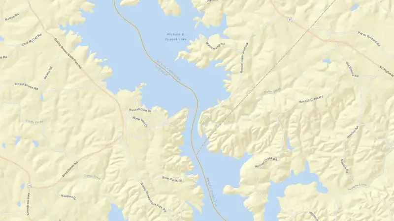 Road map of Richard B. Russell Dam reservoir, Georgia, United States