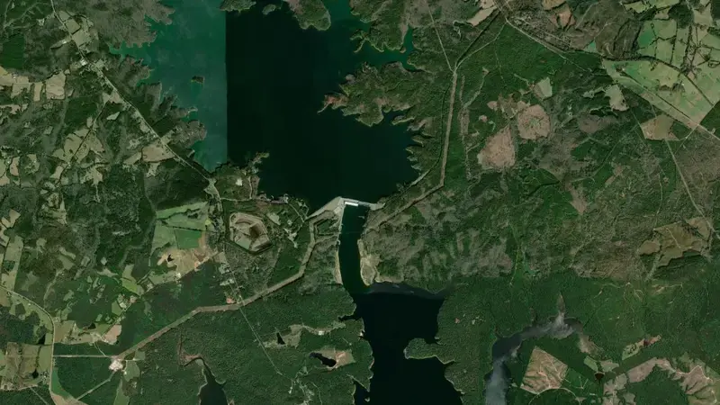 Satellite view of Richard B. Russell Dam reservoir, Georgia, United States