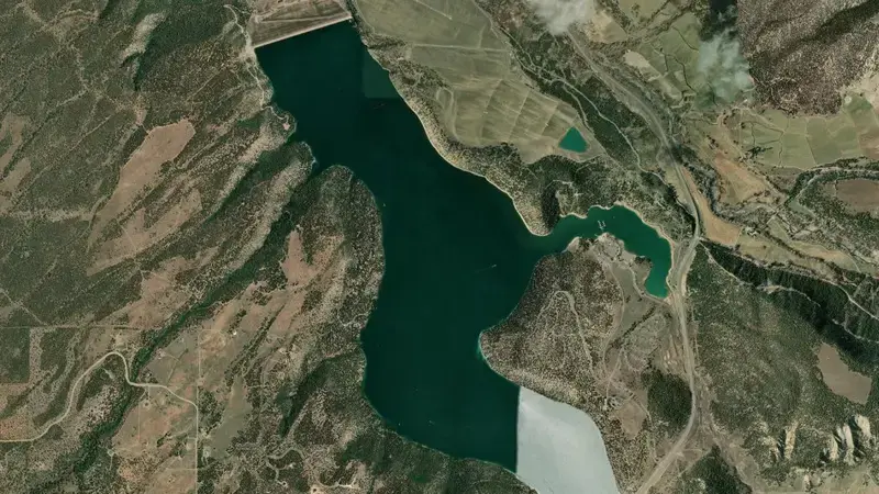 Satellite view of Ridgway Reservoir and Dam reservoir, Colorado, United States