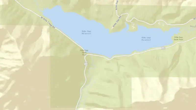 Road map of Rifle Gap Reservoir and Dam reservoir, Colorado, United States