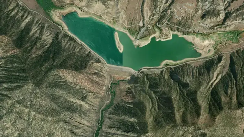 Satellite view of Rifle Gap Reservoir and Dam reservoir, Colorado, United States