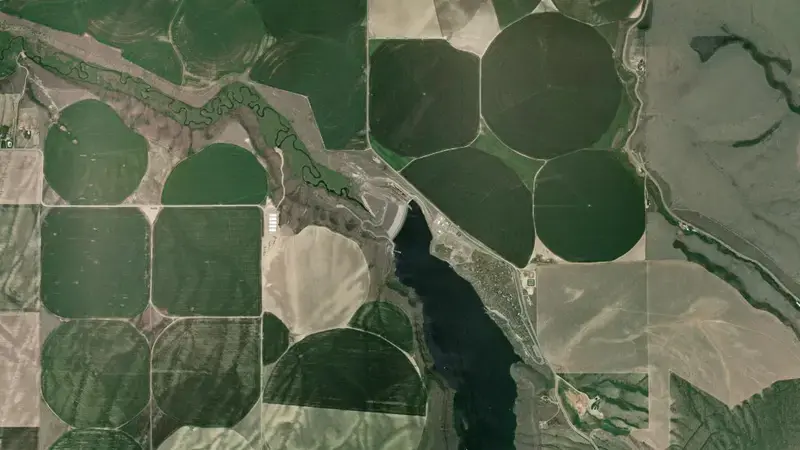 Satellite view of Ririe Reservoir and Dam reservoir, Idaho, United States