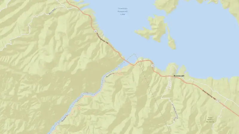 Road map of Roosevelt Lake reservoir, Arizona, United States