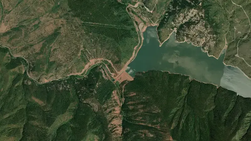 Satellite view of Ruedi Reservoir and Dam reservoir, Colorado, United States
