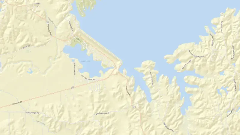 Road map of Sardis Lake reservoir, Mississippi, United States
