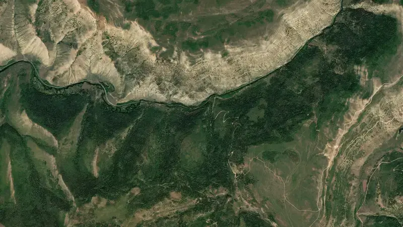 Satellite view of Scofield Reservoir and Dam reservoir, Utah, United States
