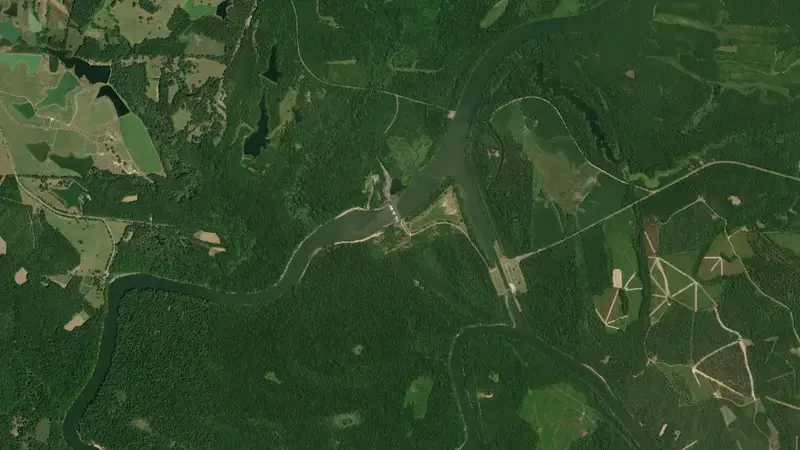 Satellite view of Selden Lock and Dam reservoir, Alabama, United States