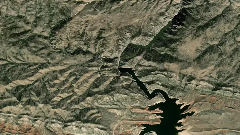 Satellite view of Seminoe Reservoir Dam and Powerplant reservoir, Wyoming, United States