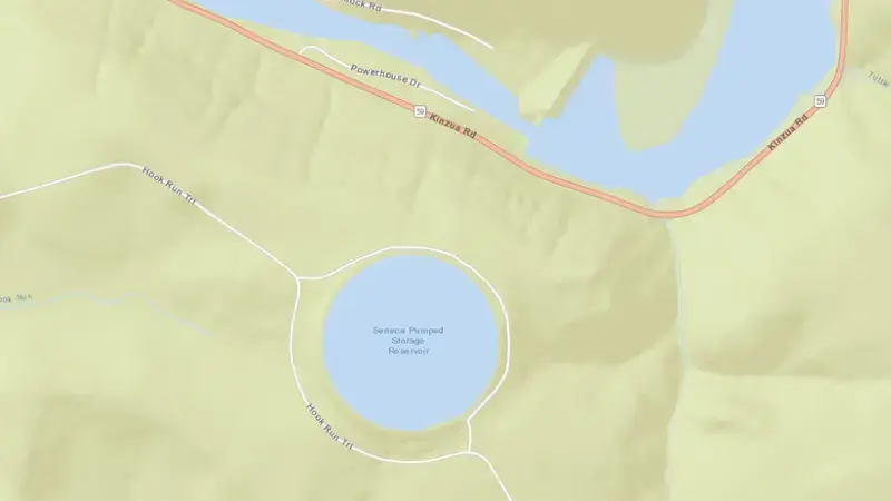 Road map of Seneca Power Upper Reservoir, PA reservoir, Pennsylvania, United States