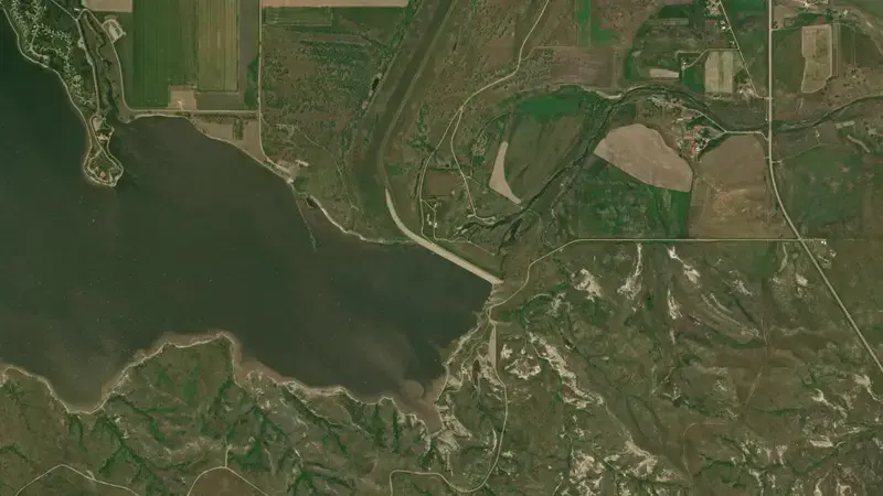 Satellite view of Shadehill Reservoir and Dam reservoir, South Dakota, United States