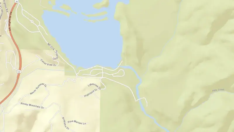 Road map of Shadow Mountain Lake and Dam reservoir, Colorado, United States