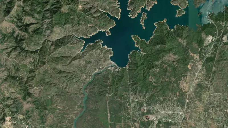 Satellite view of Shasta Lake reservoir, California, United States