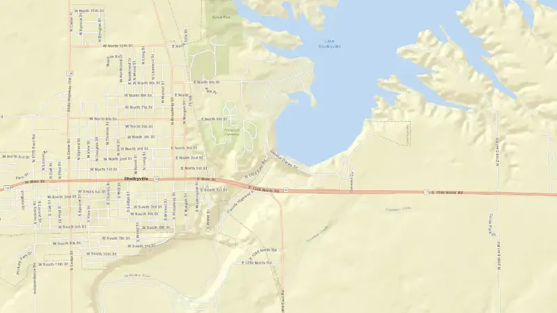 Road map of Shelbyville Pool reservoir, Illinois, United States