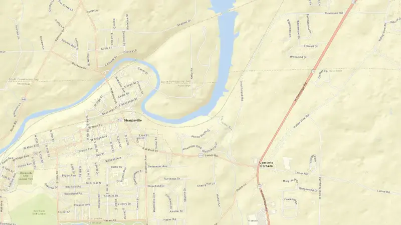 Road map of Shenango River Lake, PA reservoir, Pennsylvania, United States