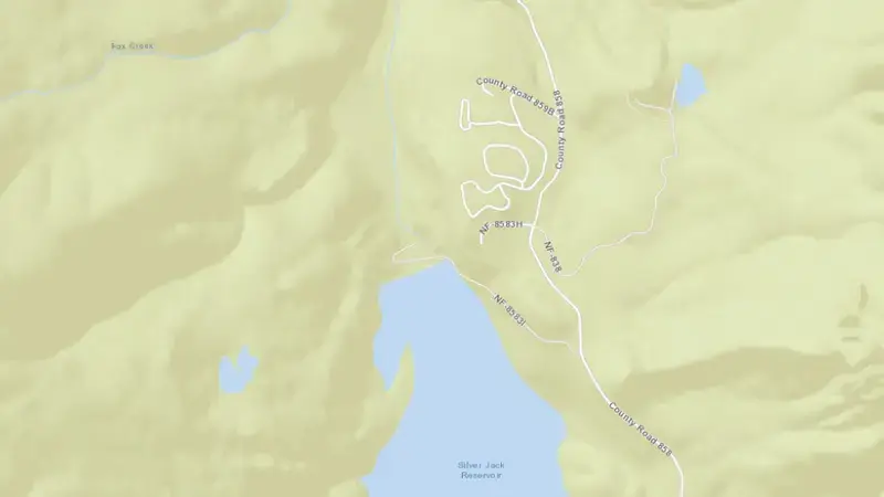 Road map of Silver Jack Reservoir and Dam reservoir, Colorado, United States