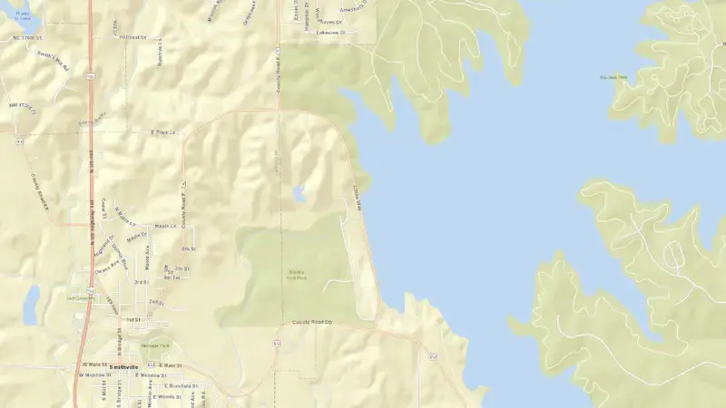 Road map of Smithville Dam & Reservoir reservoir, Missouri, United States