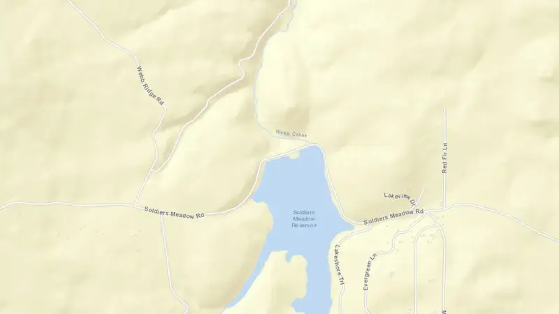Road map of Soldiers Meadow Reservoir and Dam reservoir, Idaho, United States