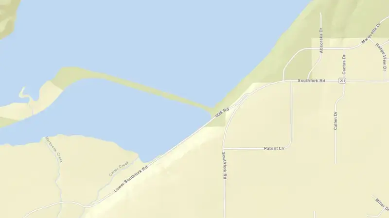 Road map of South Fork Dike at Buffalo Bill Reservoir reservoir, Wyoming, United States