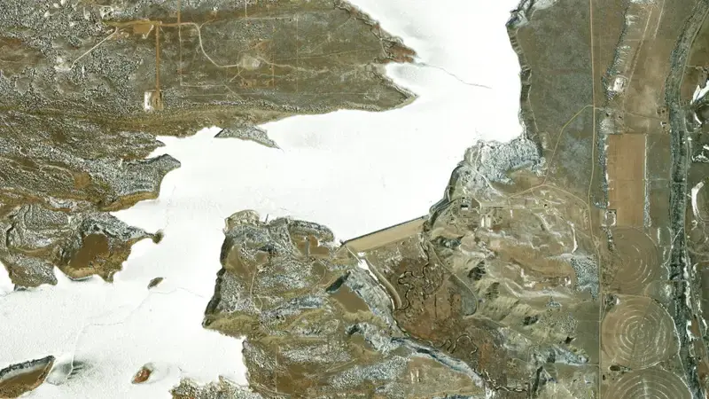 Satellite view of Starvation Reservoir and Dam reservoir, Utah, United States