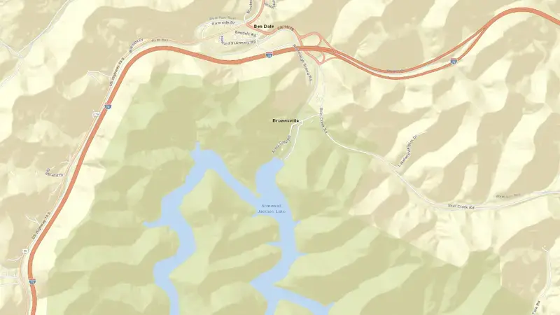 Road map of Stonewall Jackson Lake, WV reservoir, West Virginia, United States