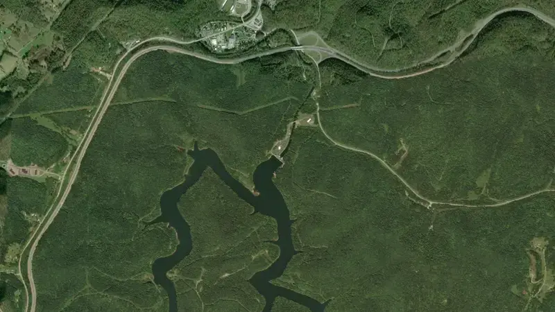 Satellite view of Stonewall Jackson Lake, WV reservoir, West Virginia, United States