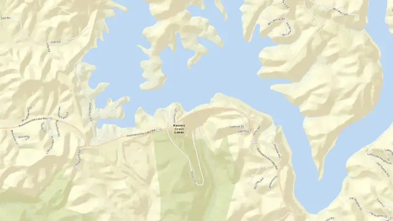 Road map of Summersville Lake reservoir, West Virginia, United States