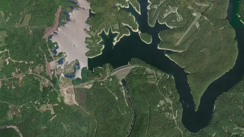 Satellite view of Summersville Lake reservoir, West Virginia, United States