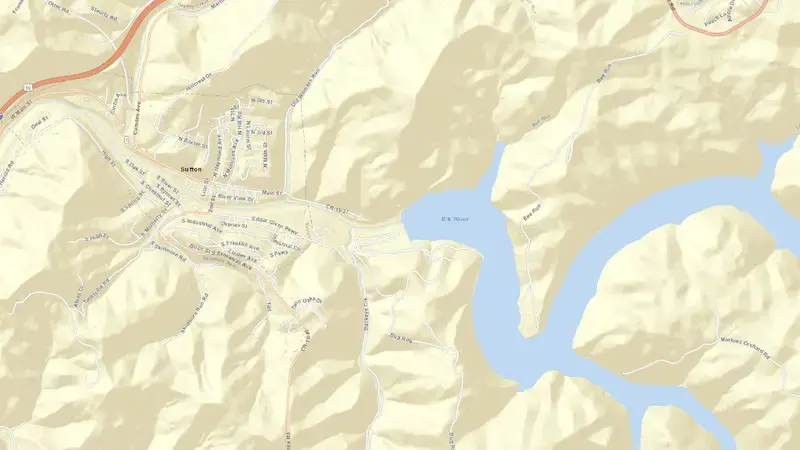 Road map of Sutton Lake reservoir, West Virginia, United States
