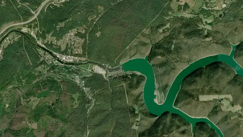 Satellite view of Sutton Lake reservoir, West Virginia, United States