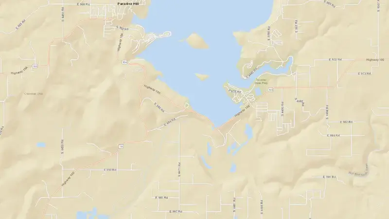 Road map of Tenkiller Lake reservoir, Oklahoma, United States