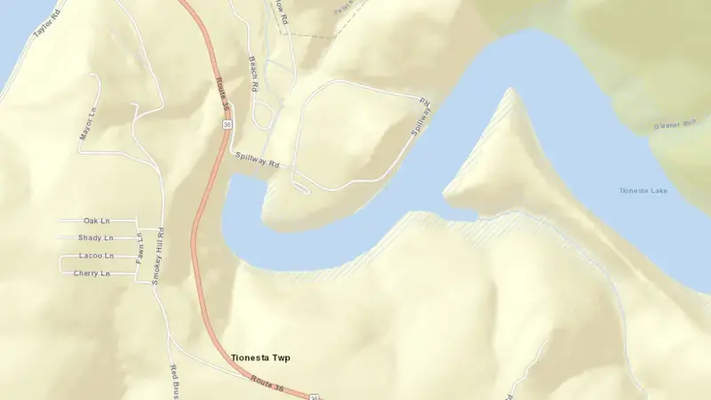 Road map of Tionesta Lake, PA reservoir, Pennsylvania, United States