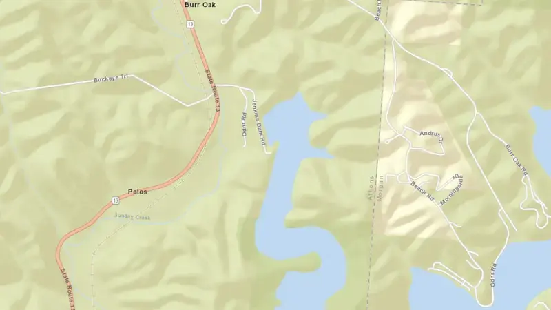 Road map of Tom Jenkins Lake reservoir, Ohio, United States