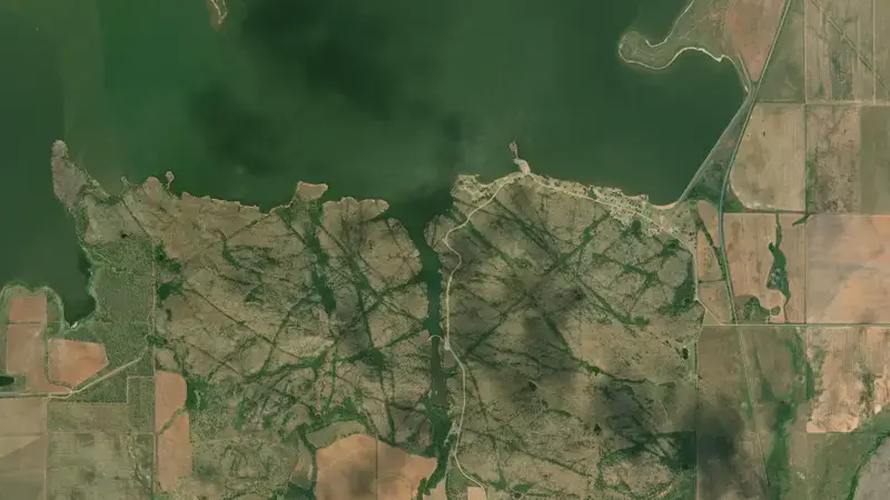 Satellite view of Tom Steed Lake reservoir, Oklahoma, United States