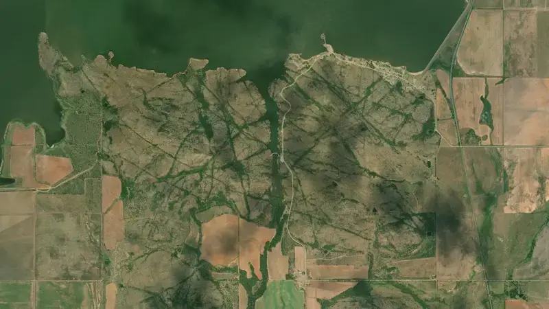 Satellite view of Tom Steed Reservoir and Mountain Park Dam reservoir, Oklahoma, United States