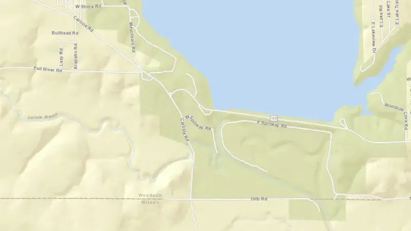 Road map of Toronto Lake reservoir, Kansas, United States