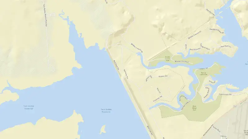 Road map of Twin Buttes Reservoir and Dam reservoir, Texas, United States