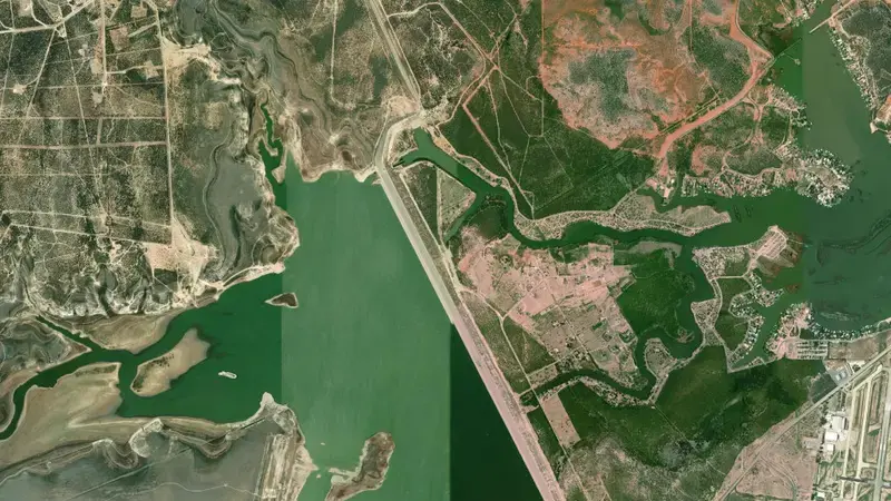 Satellite view of Twin Buttes Reservoir and Dam reservoir, Texas, United States