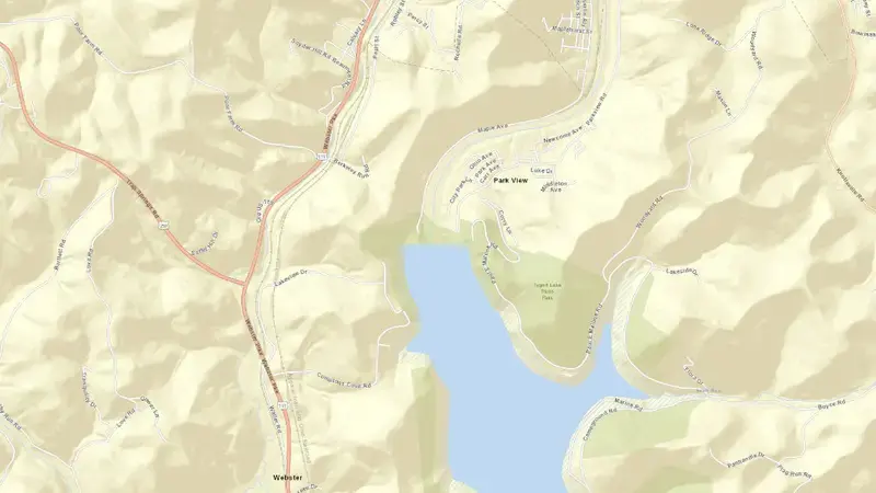 Road map of Tygart Lake, WV reservoir, West Virginia, United States