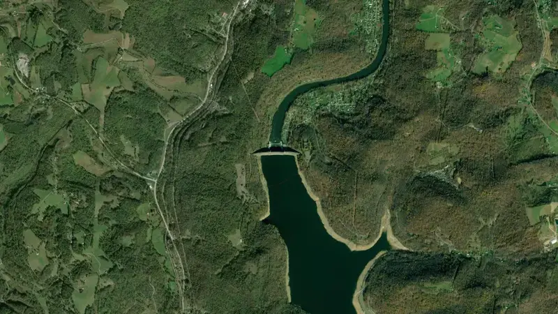 Satellite view of Tygart Lake, WV reservoir, West Virginia, United States