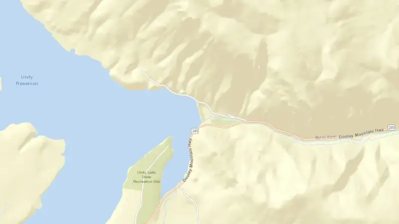 Road map of Unity Reservoir and Dam reservoir, Oregon, United States