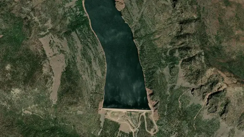 Satellite view of Upper Stillwater Reservoir and Dam reservoir, Utah, United States