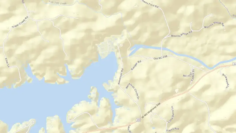 Road map of W. Kerr Scott Dam reservoir, North Carolina, United States