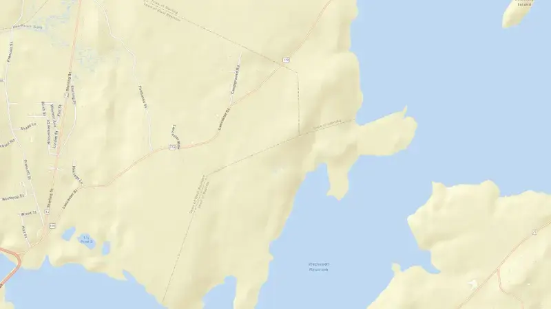 Road map of Wachusett Reservoir reservoir, Massachusetts, United States