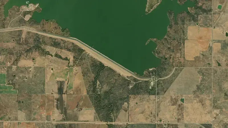 Satellite view of Waurika Lake reservoir, Oklahoma, United States