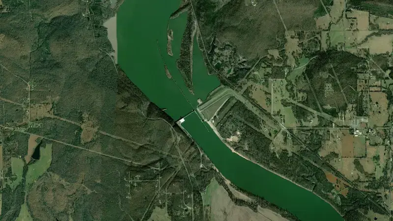 Satellite view of Webbers Falls LD16 reservoir, Oklahoma, United States