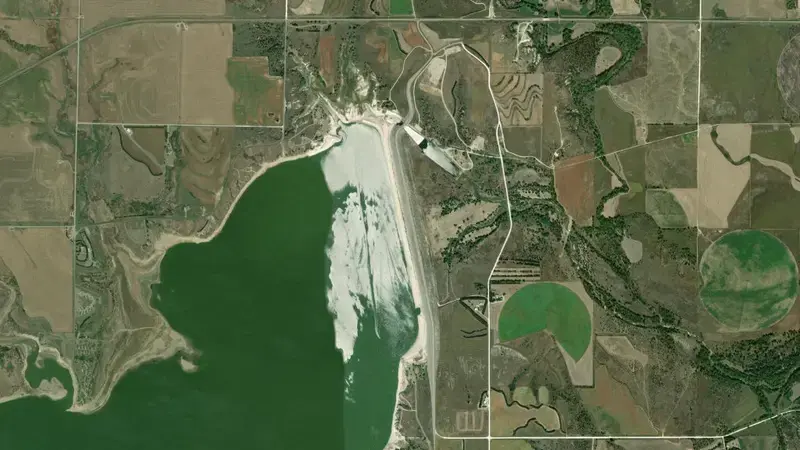 Satellite view of Webster Dam reservoir, Kansas, United States