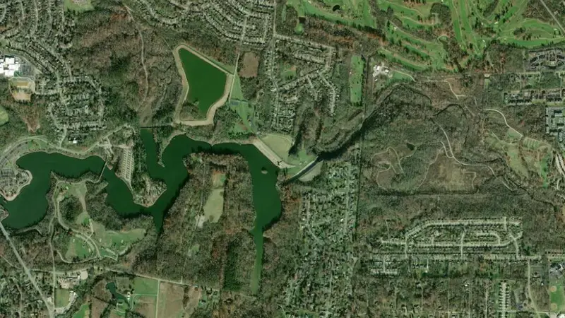 Satellite view of West Fork of Mill Creek Lake reservoir, Ohio, United States