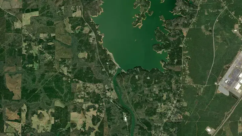 Satellite view of West Point Dam and Lake reservoir, Georgia, United States
